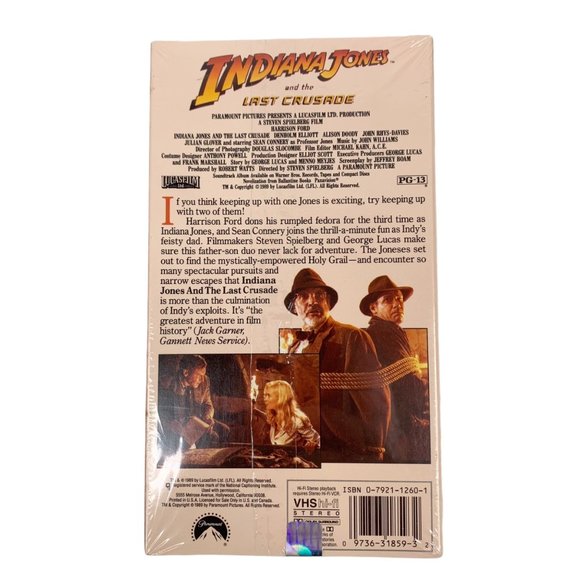 Indiana Jones and the Last Crusade VHS Harrison Ford Watermark Factory Sealed - Picture 2 of 9